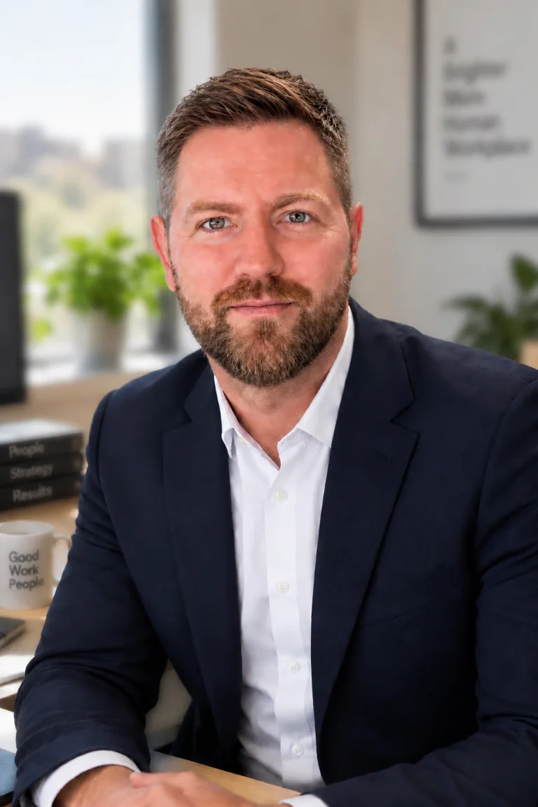 Andrew Petersen in a navy blazer and white shirt, seated in an office.